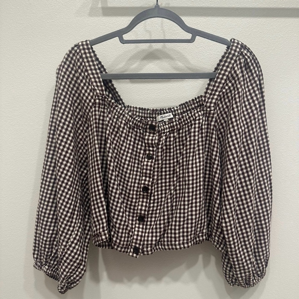 Madewell Brown and White Gingham Button-Front Peasant Blouse - Picture 1 of 6